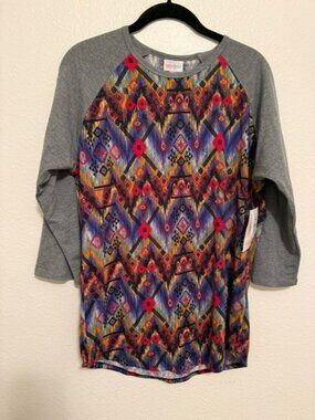 NWT Size L LuLaRoe Randy Multicolor Aztec Raglan Top - Gray Sleeves